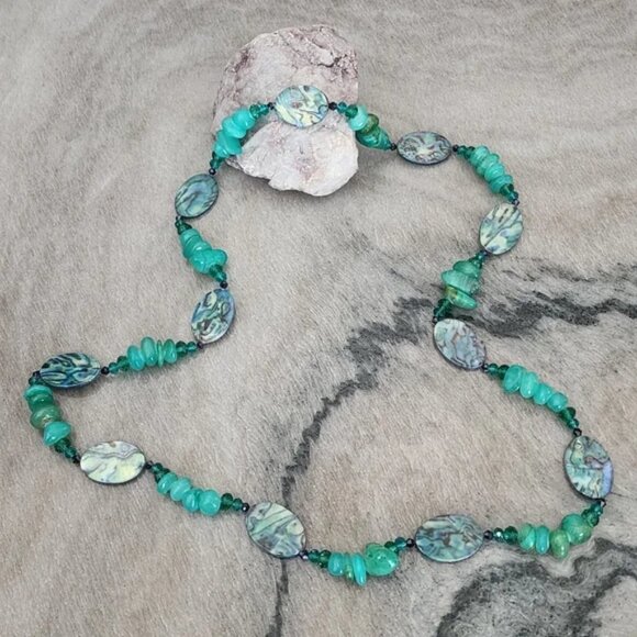 Turquoise Mosaic & Jade Bead Necklace - Picture 1 of 6